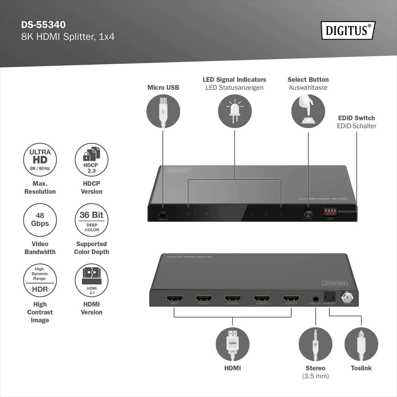 '8K HDMI Splitter, 1x4, Ultra HD, HDR. Bietet max. Auflösung, HDMI Version 2.1, HDCP 2.3. Unterstützt Deep Color 36 Bit und Audioausgänge: Toslink, Stereo.'