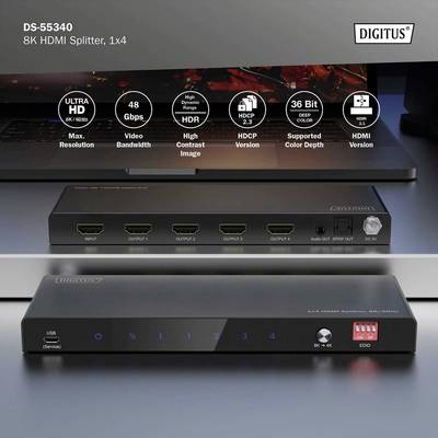 Ein HDMI-Splitter mit 8K-Auflösung und 48 Gbps Bandbreite ist vor einem Laptop positioniert und zeigt Ein- und Ausgänge sowie Betriebs-LEDs.