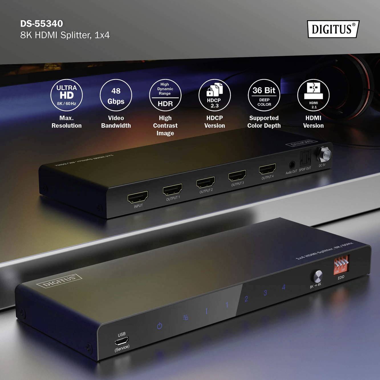 Ein 8K HDMI-Splitter mit vier Ausgängen. Zeigt Produktmerkmale wie 48 Gbps Bandbreite, HDR-Unterstützung und HDCP 2.3.