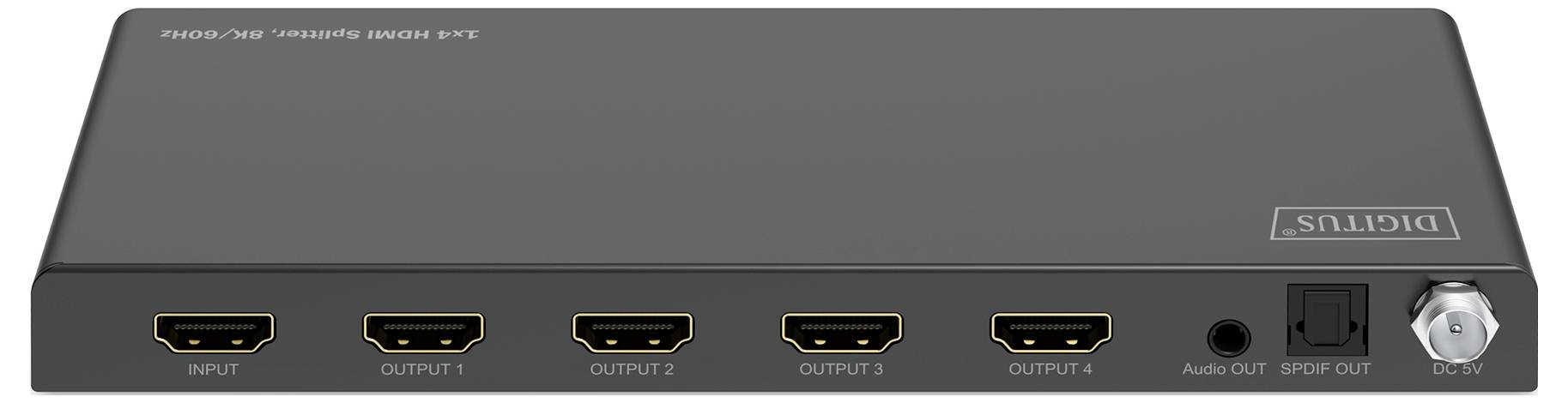 Ein schwarzer HDMI-Splitter mit fünf HDMI-Ausgängen, einem HDMI-Eingang, und weiteren Anschlüssen, ermöglicht mehrere HDMI-Verbindungen.