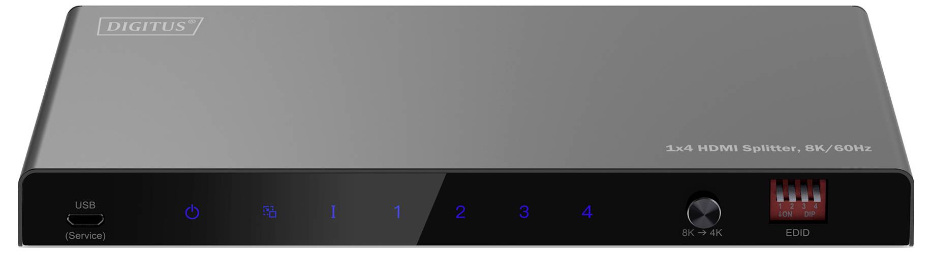 HDMI-Splitter mit vier Anschlüssen, zeigt Eingangs- und Ausgangsoptionen. Unterstützt 4K/60Hz. Marke: Digitus.