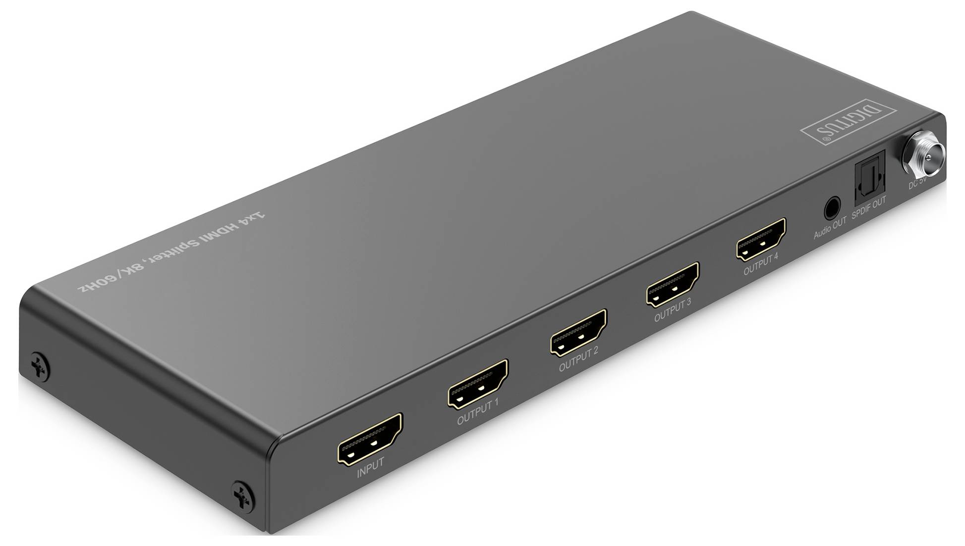 Vierfach-HDMI-Splitter mit vier Ausgangsports und einem Eingang; verteilt ein HDMI-Signal auf vier Displays.