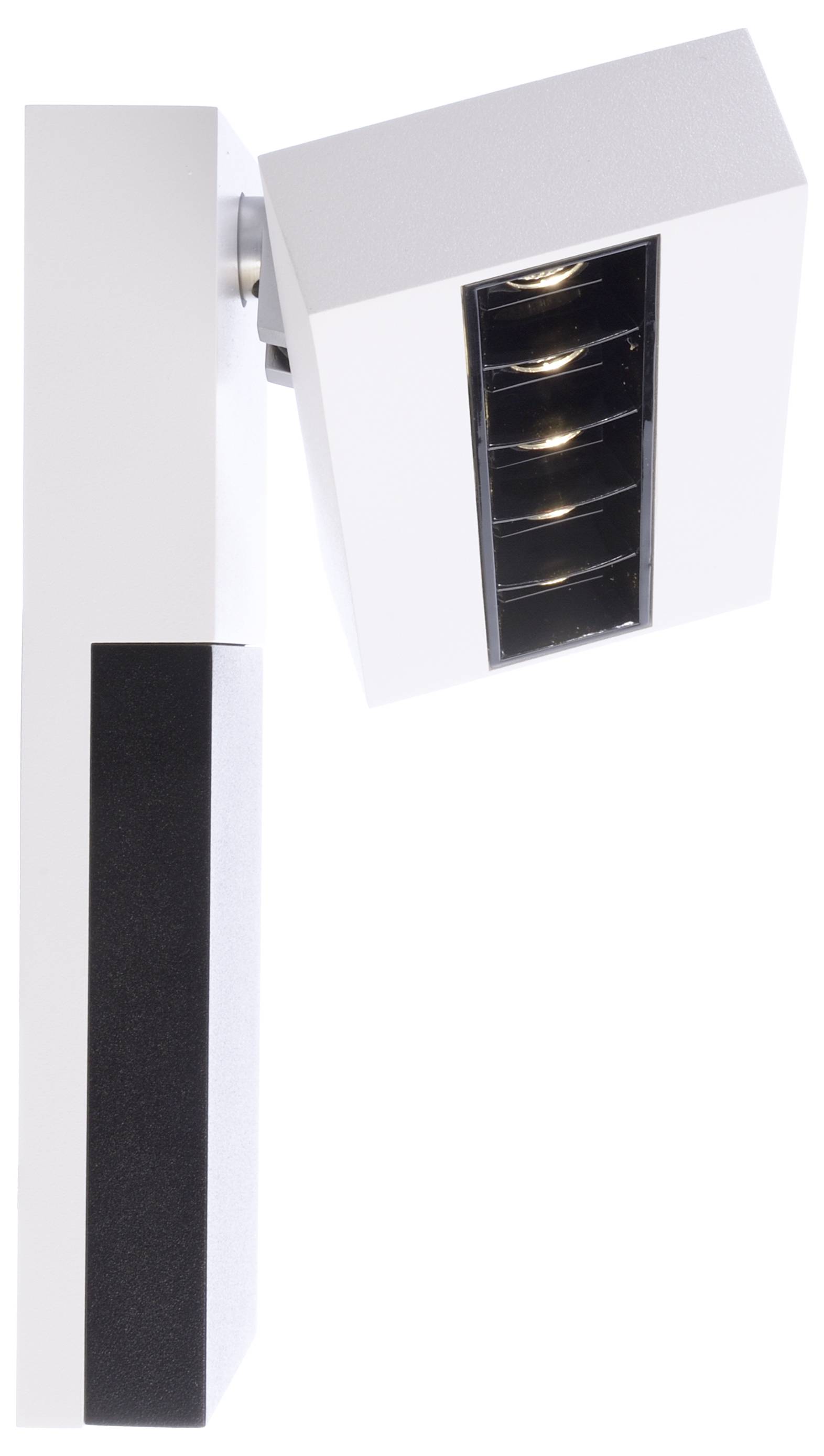Reflektor-Lampe mit verstellbarem Kopf und vertikalen Kühlrippen, seitliche Perspektive.