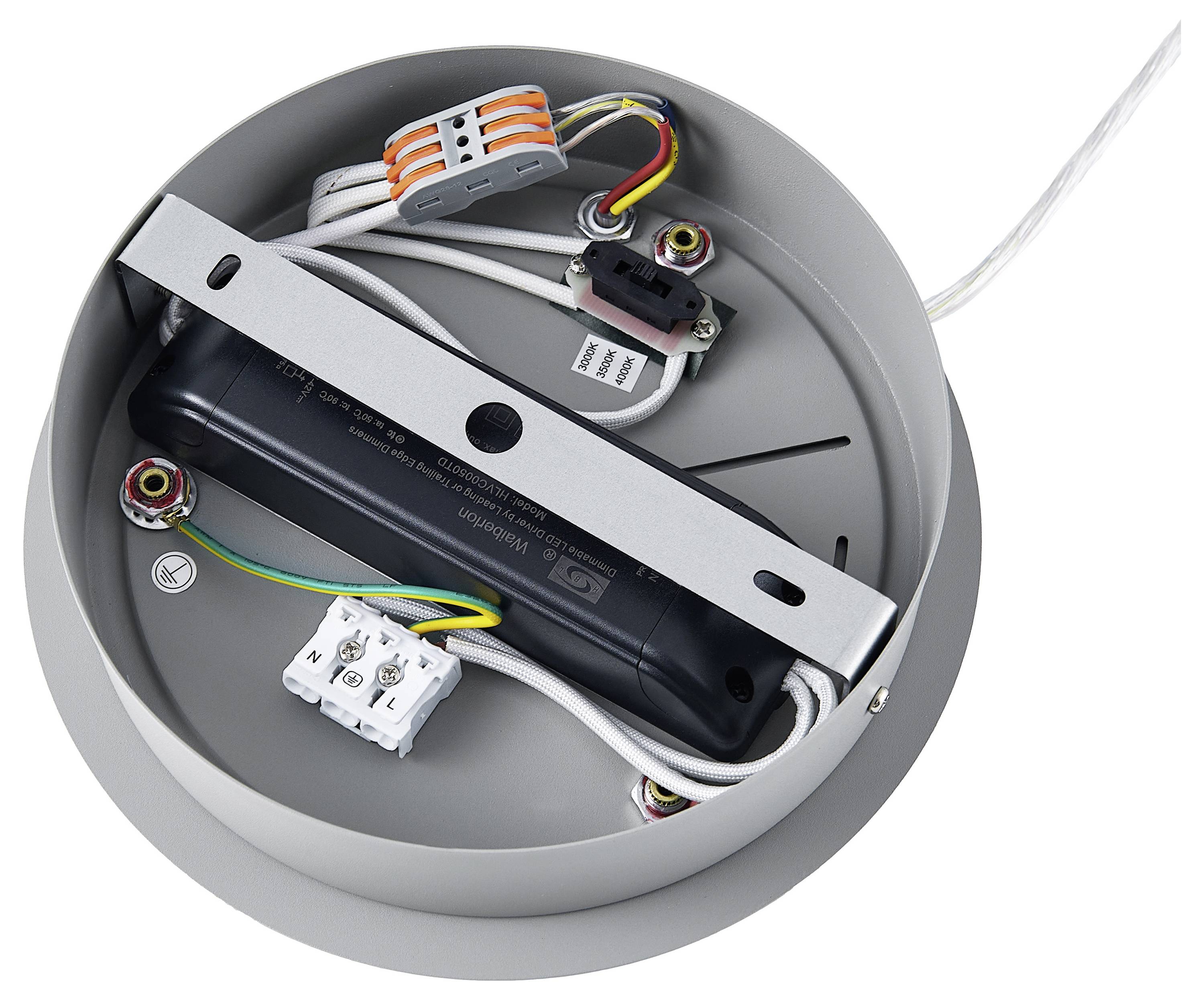 Rundes elektrisches Anschlussgehäuse mit Verkabelung, Klemmenblock und Überbrückungsschalter; für Deckenmontage geeignet.