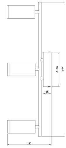 Technische Zeichnung einer vertikalen Wandlampe mit drei Lichtquellen, Abmessungen: Höhe 540 mm, Breite 182 mm, Tiefe 140 mm.