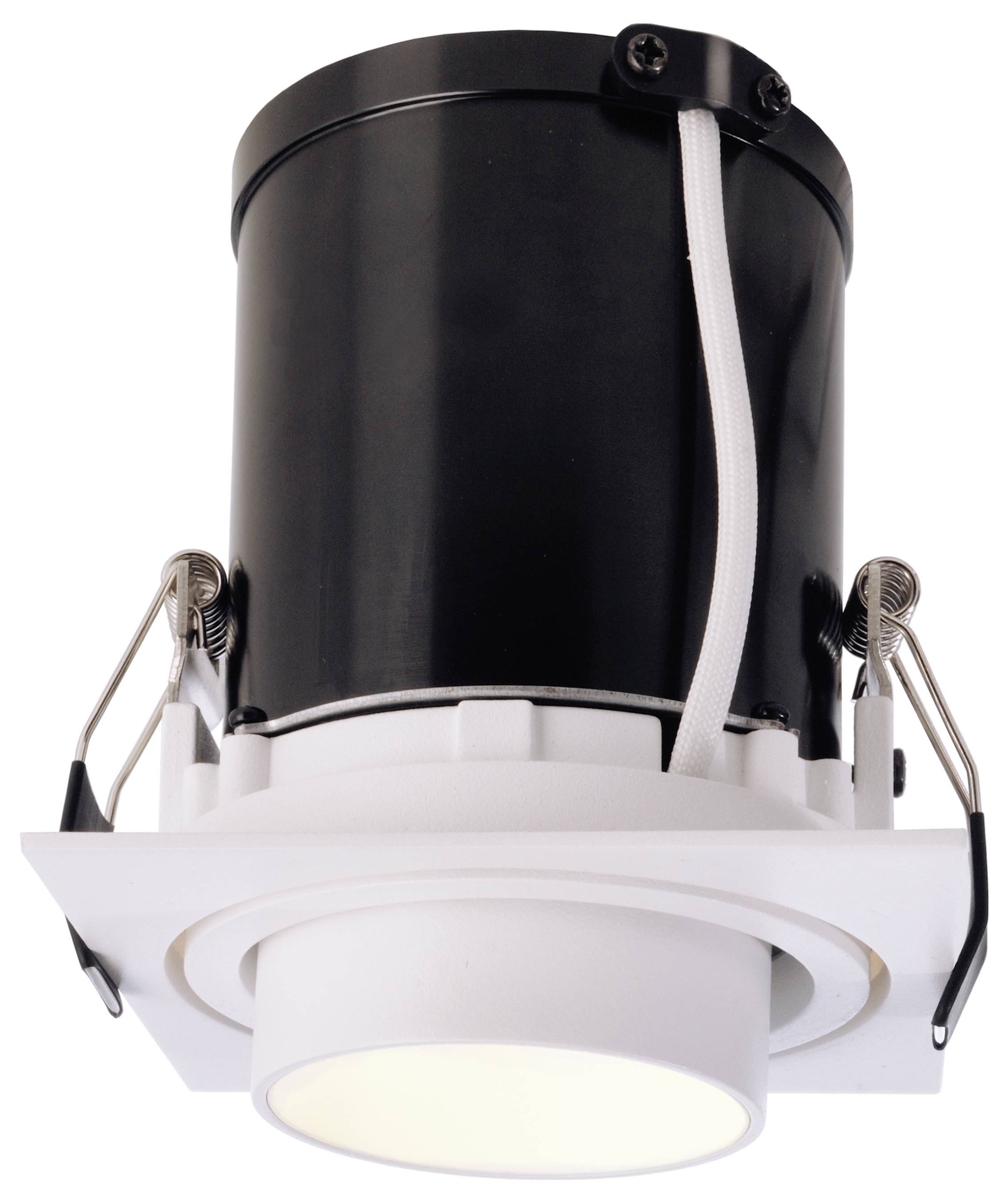 Schwarz-weißer Einbau-Downlight-Strahler mit verstellbarer Halterung. Hauptsächlich für Deckeninstallationen verwendet.