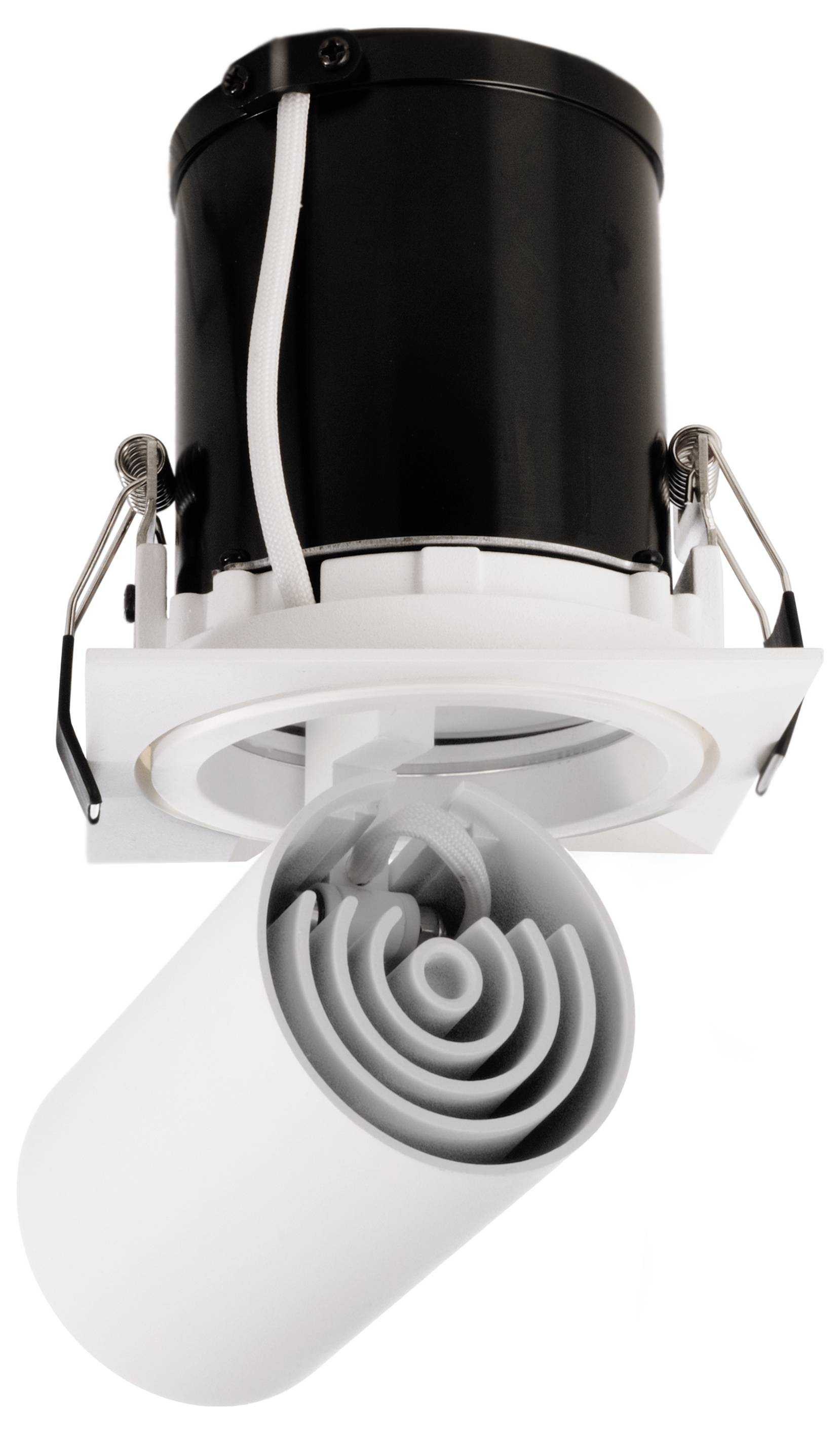 Ein schwarzer und weißer LED-Strahler mit verstellbarem Kopf für gezielte Beleuchtung. Ideal für moderne Wohn- oder Geschäftsräume.