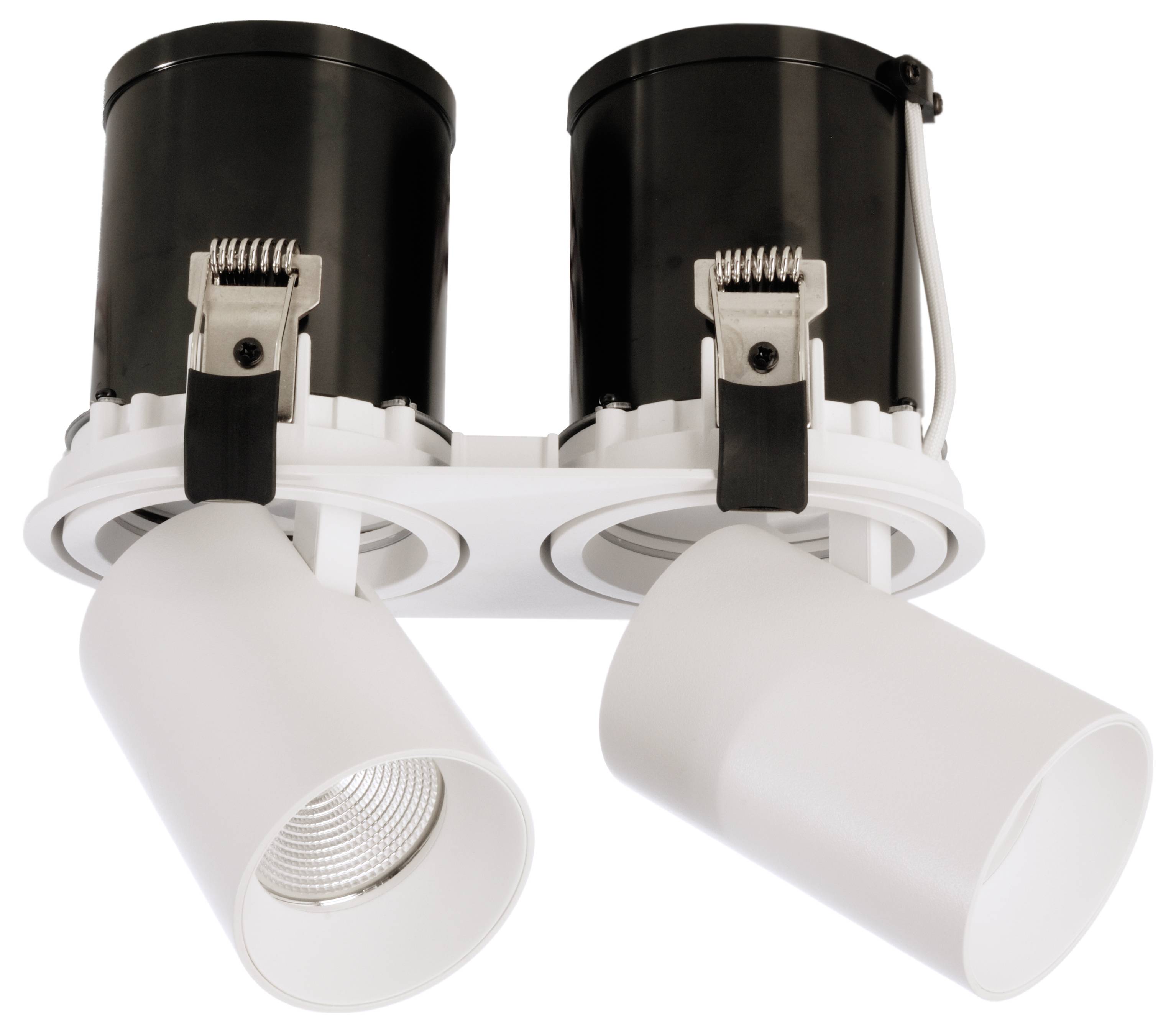 Doppelte Deckenstrahler mit schwarzen Gehäusen und weißen, zylindrischen Lampen, geeignet für moderne Beleuchtung.