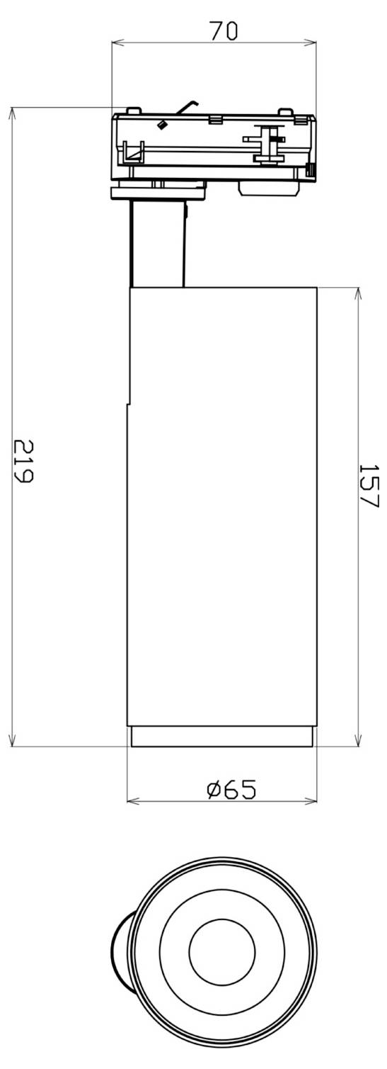Technische Zeichnung eines zylindrischen Geräts mit oberem Anschluss, mit Vorder- und Draufsicht. Bemaßt sind: 70 mm Breite, 219 mm Höhe, 157 mm Gehäusehöhe, 65 mm Durchmesser.