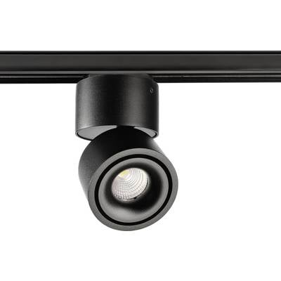 Schwarzer schwenkbarer LED-Strahler an einer Schiene montiert, strahlt Licht nach unten in einem modernen, minimalistischen Design.
