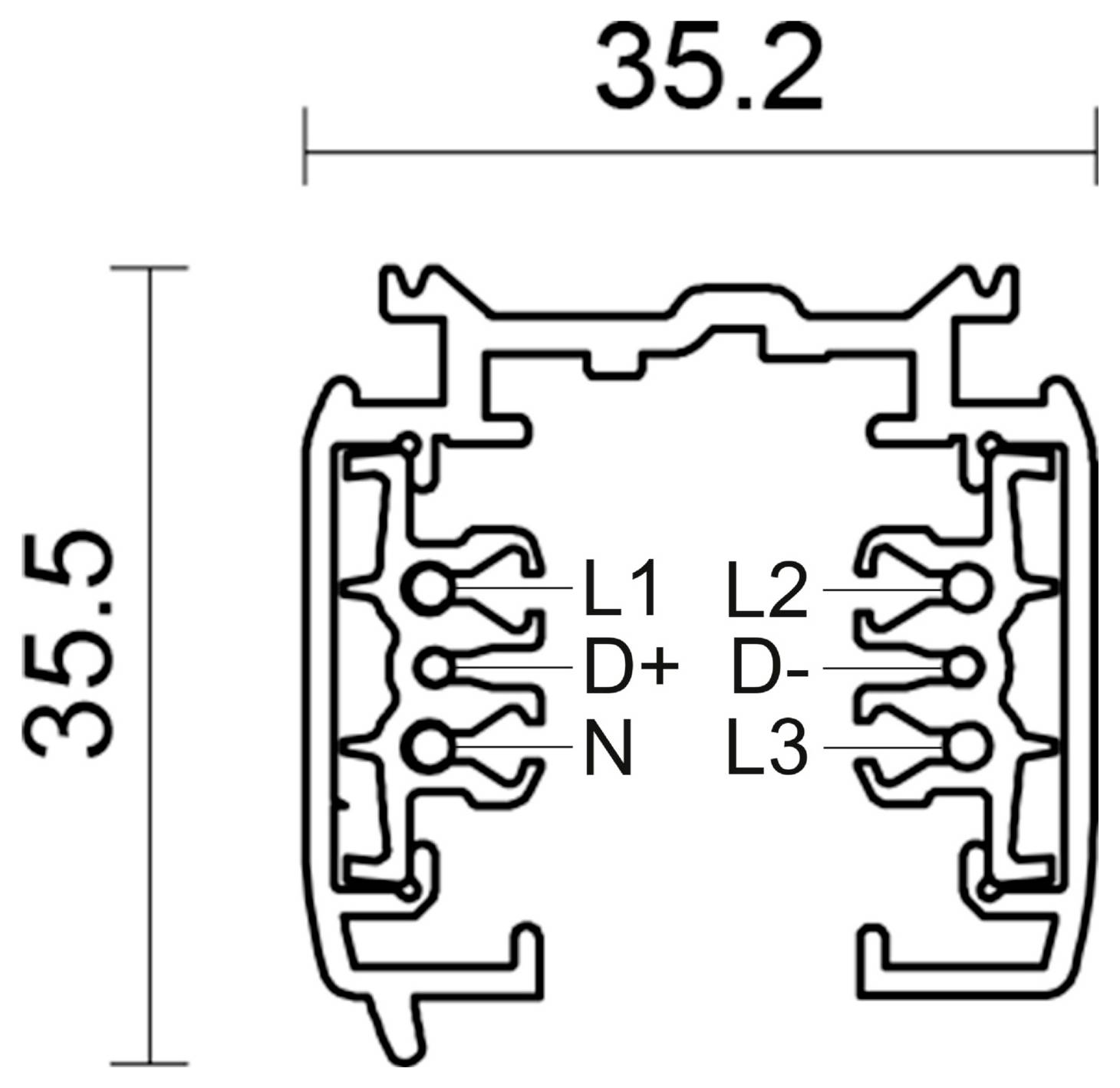 Technische Querschnittszeichnung eines Steckverbinders mit einem Profil von 35,2 x 35,5 mm und sechs beschrifteten Anschlüssen: L1, D+, N, L2, D- und L3.