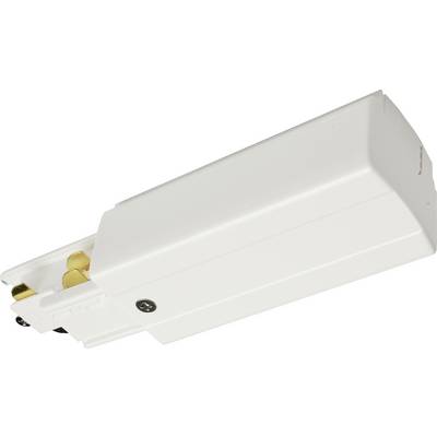 Ein weißer elektrischer Adapter oder Steckverbinder für Beleuchtungssysteme mit Metallkontakten an einem Ende.
