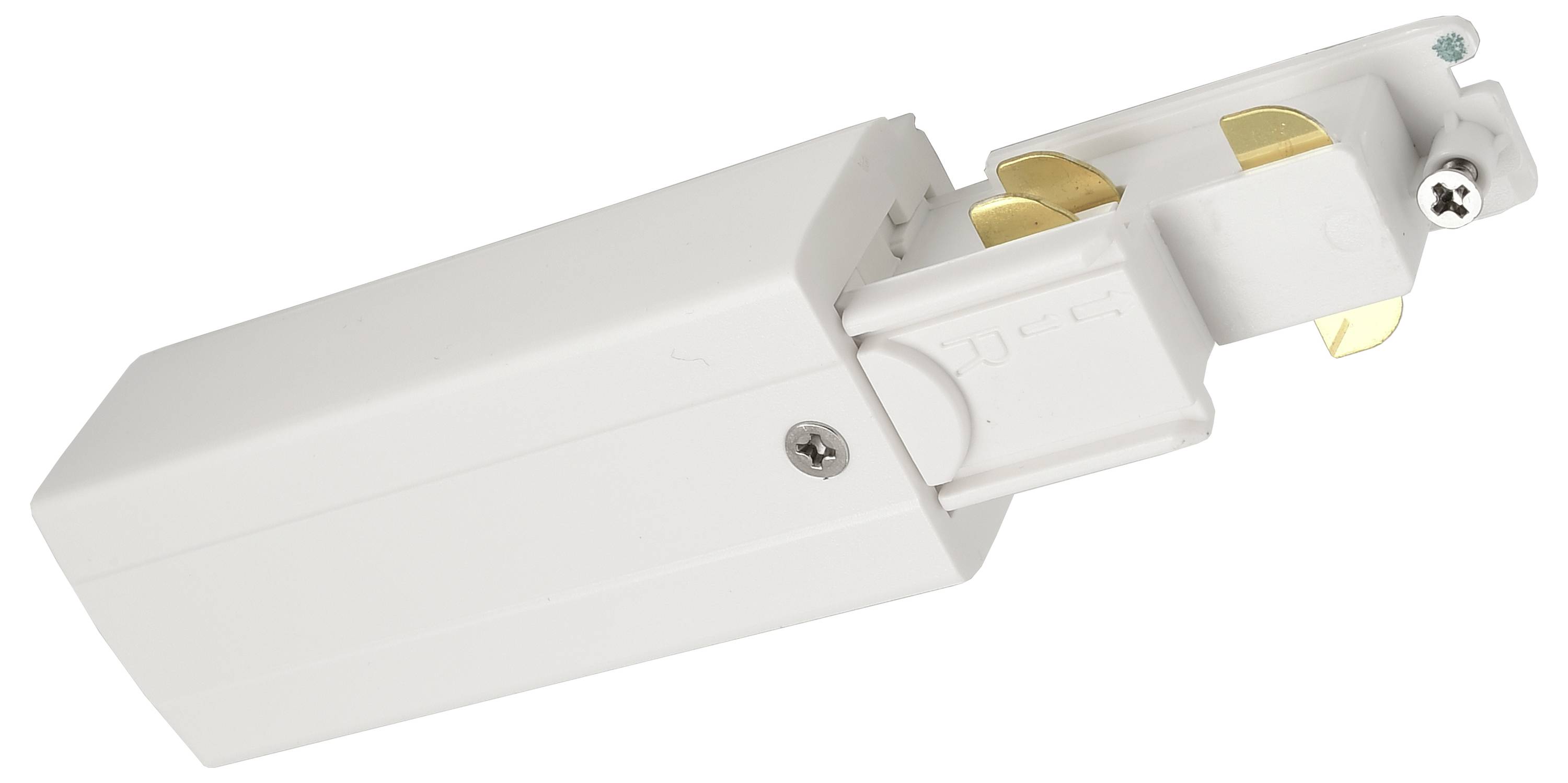 Elektrischer Adapter in Weiß; rechteckig, mit Steckverbindung und sichtbaren Schrauben, geeignet für Lichtschienensysteme.