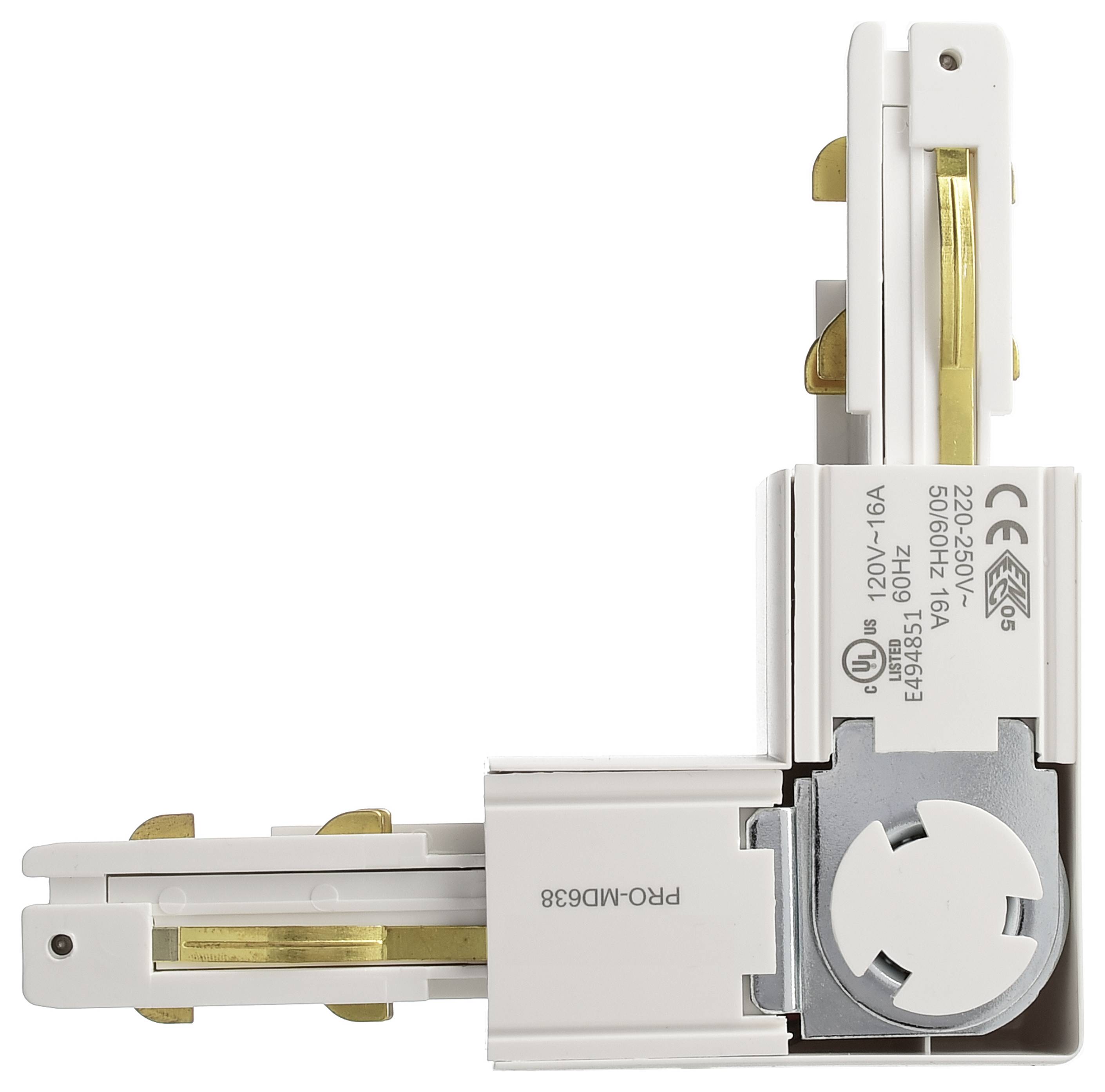 Ein weißer, L-förmiger elektrischer Verbinder mit goldenen Kontakten, geeignet für 120V und 16A.