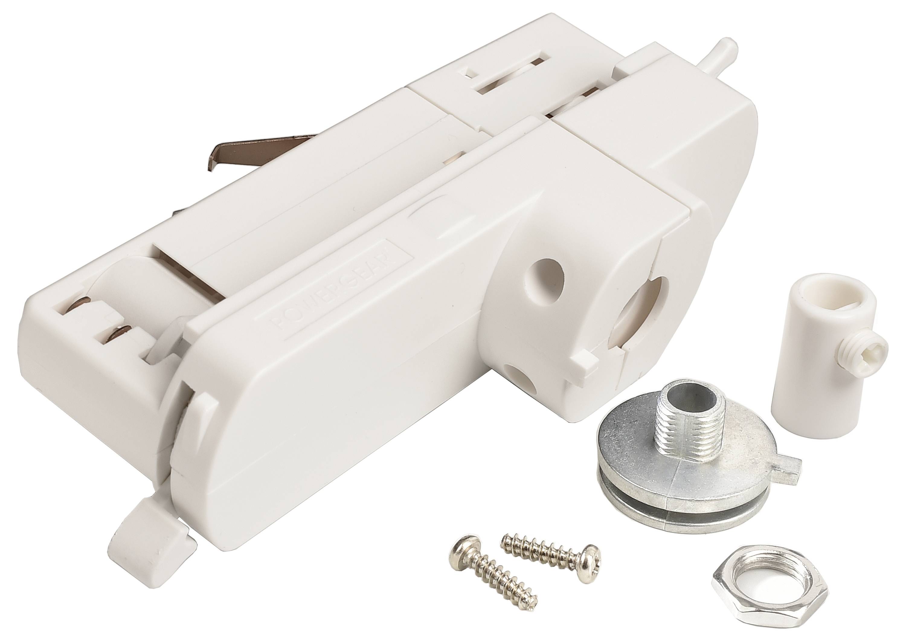 Ein weißer Rollo-Seitenzugmechanismus mit Zubehörteilen, darunter Schrauben und Haltevorrichtungen, zur Montage.