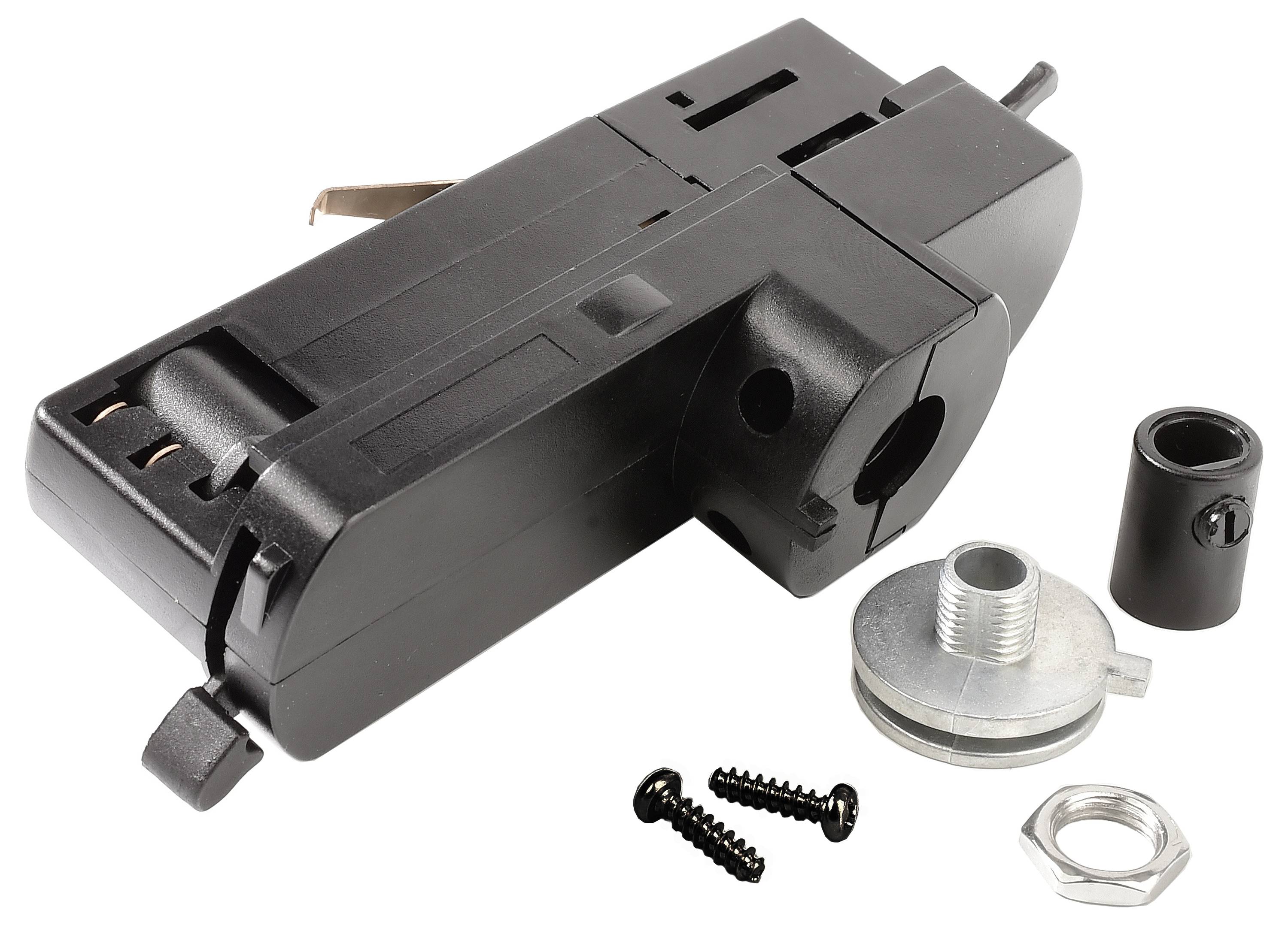 Schwarz detaillierte Komponente eines elektrischen Geräts mit Schrauben und Zubehör. Mögliche Verwendung: Elektrische Verbindungen.