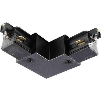 Ein schwarzes, L-förmiges mechanisches Bauteil mit Schrauben und Federmechanismen an den Enden.