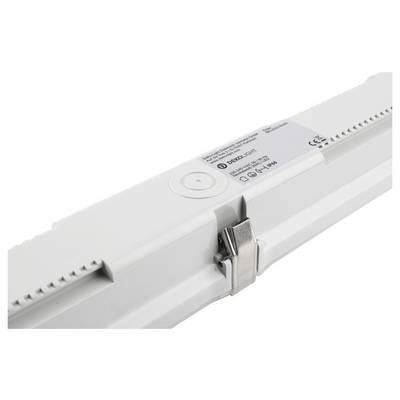 Ein weißes elektrisches Gerät mit CE-Label und Klemmbefestigung.