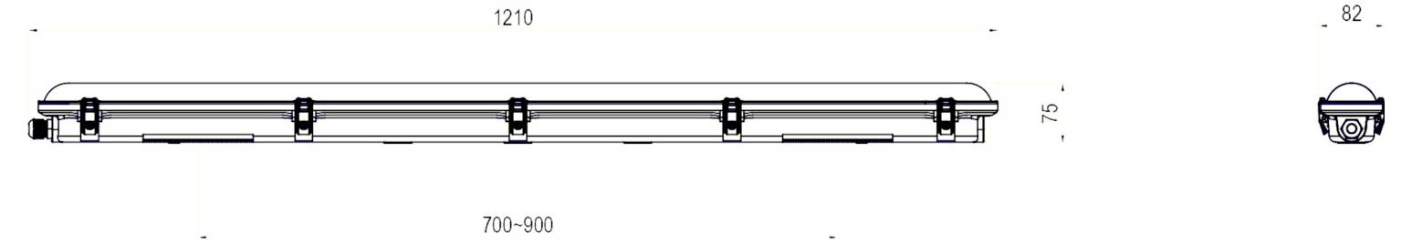 Technische Zeichnung einer länglichen zylindrischen Leuchte mit der Bezeichnung 700–900 mm Länge und 75 mm Höhe, mit Stirn- und Seitenansicht.