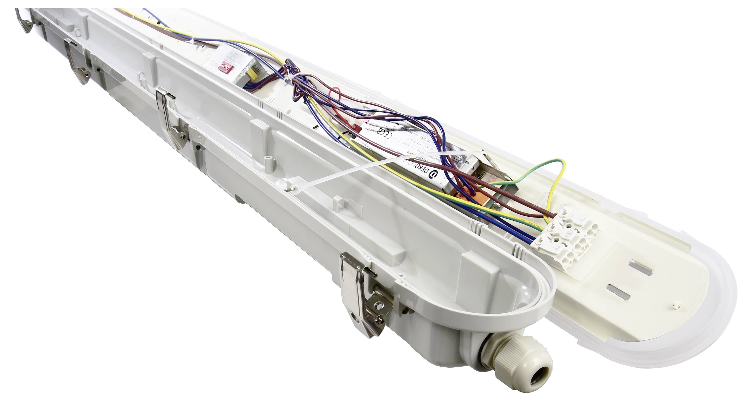 Ein offenes LED-Leuchtensystem, zeigt Kabel und elektronische Komponenten. Geeignet für industrielle oder gewerbliche Beleuchtung.