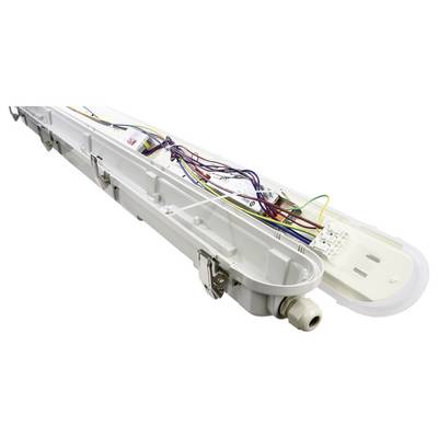 Ein geöffnetes LED-Leuchtmittelgehäuse mit sichtbaren Drähten und Komponenten. Geeignet für industrielle Anwendungen.