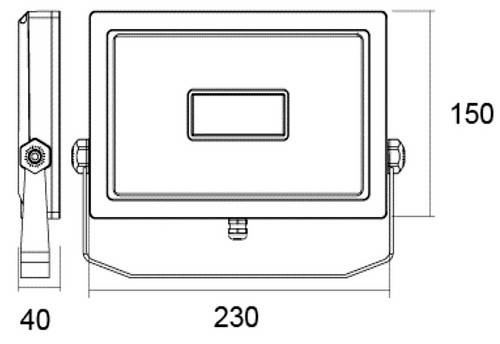 Technische Zeichnung eines rechteckigen Bauteils mit Abmessungen: Breite 230 mm, Höhe 150 mm, Seitenansicht Höhe 40 mm.