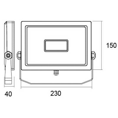 Technische Zeichnung eines rechteckigen Bauteils mit Abmessungen: Breite 230 mm, Höhe 150 mm, Seitenansicht Höhe 40 mm.