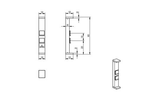 Technische Zeichnung eines rechteckigen Bauteils mit Maßen und Ansichten von vorne, seitlich und in Querschnittsansicht.