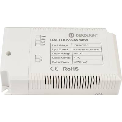 Ein weißes elektronisches Gerät mit der Aufschrift 'DALI DCV-24V/40W'. Zeigt Ein- und Ausgangsspannungen und Ströme, CE- und RoHS-Symbole.