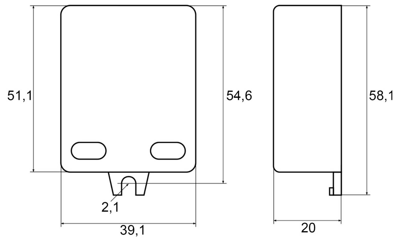 Technische Zeichnung eines rechteckigen Geräts in Vorder- und Seitenansicht mit den Maßangaben 51,1, 54,6, 58,1, 39,1, 20 und 2,1.