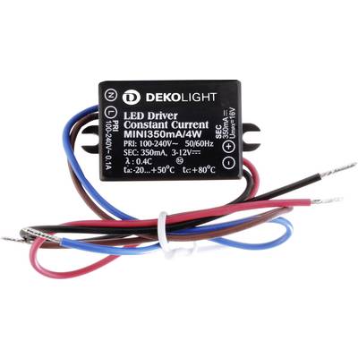 Schwarzes LED-Treiber-Modul mit weißen, schwarzen, roten und blauen Kabeln. Aufschrift: 'DEKOLIGHT', 'LED Driver Constant Current MINI350mA/4W'.