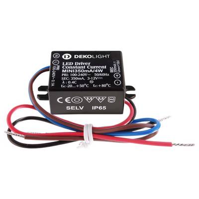 'LED-Treiber, Konstantstrom, DEKOLIGHT, Modell MINI350mA/4W, IP65, mit schwarzen, roten, blauen und braunen Kabeln, geeignet für 350mA, 3-12V.'