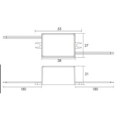 Technische Zeichnung eines rechteckigen Bauteils mit den Maßen: 53x38 mm oben, 21 mm Höhe, und zwei herausragenden Kabeln à 180 mm.