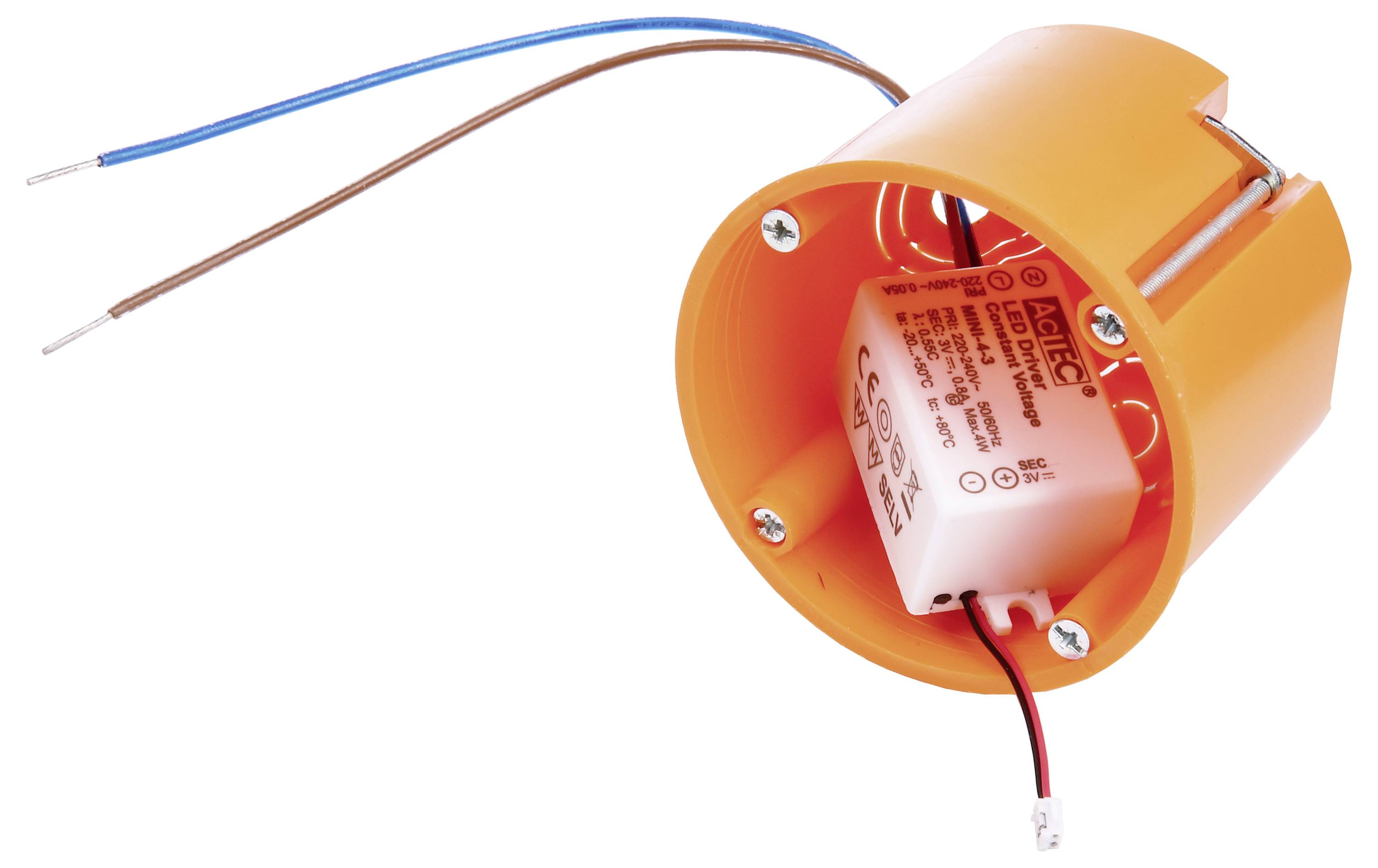 Orangefarbene Kunststoffdose mit integriertem elektrischen Bauteil, blauen und braunen Anschlussdrähten.