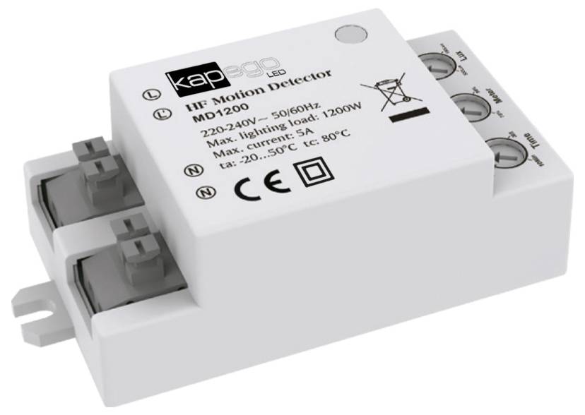 Bewegungsmelder mit LED-Leuchte. Modell: MD1200. Spannung: 220-240V. Maximale Last: 1200W. Betrieb bei -20°C bis 50°C. CE-zertifiziert.