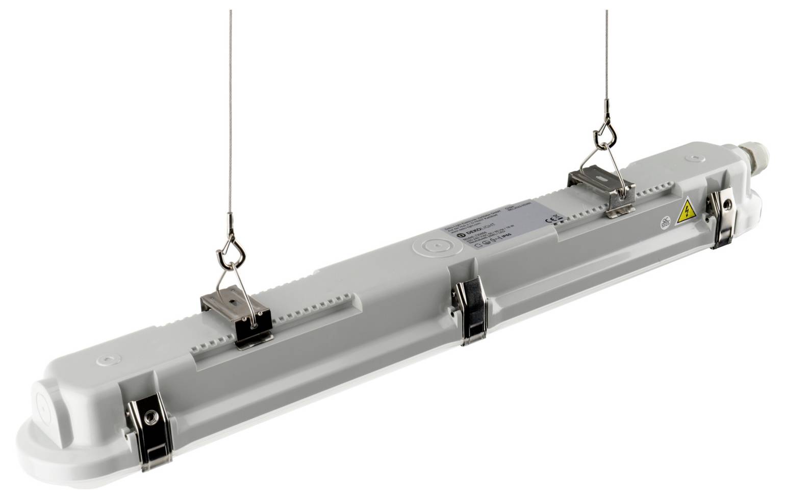 Graue industrielle LED-Leuchte, die an zwei Haken auf weißem Hintergrund hängt, in Seitenansicht mit sichtbarer Montagehardware.