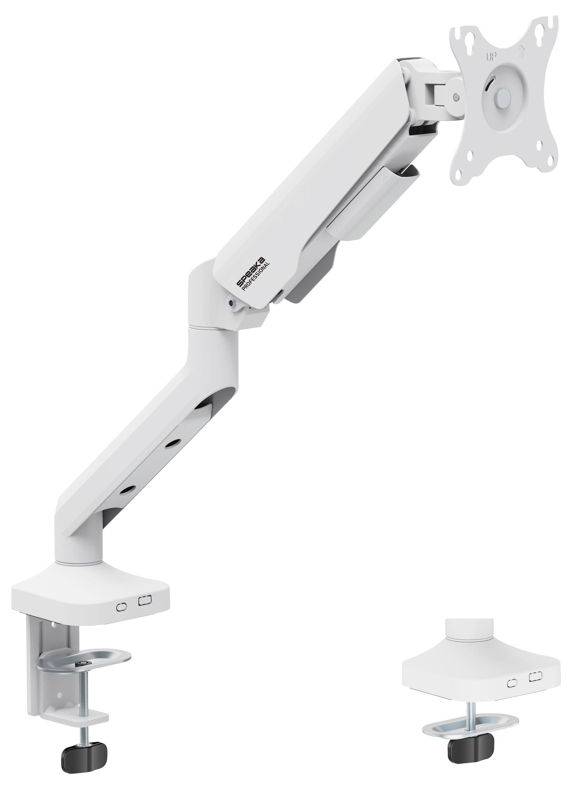 'Monitorhalterung mit verstellbarem Arm und Klemme zur Befestigung an einem Tisch. Geeignet für ergonomisches Arbeiten am Bildschirm.'