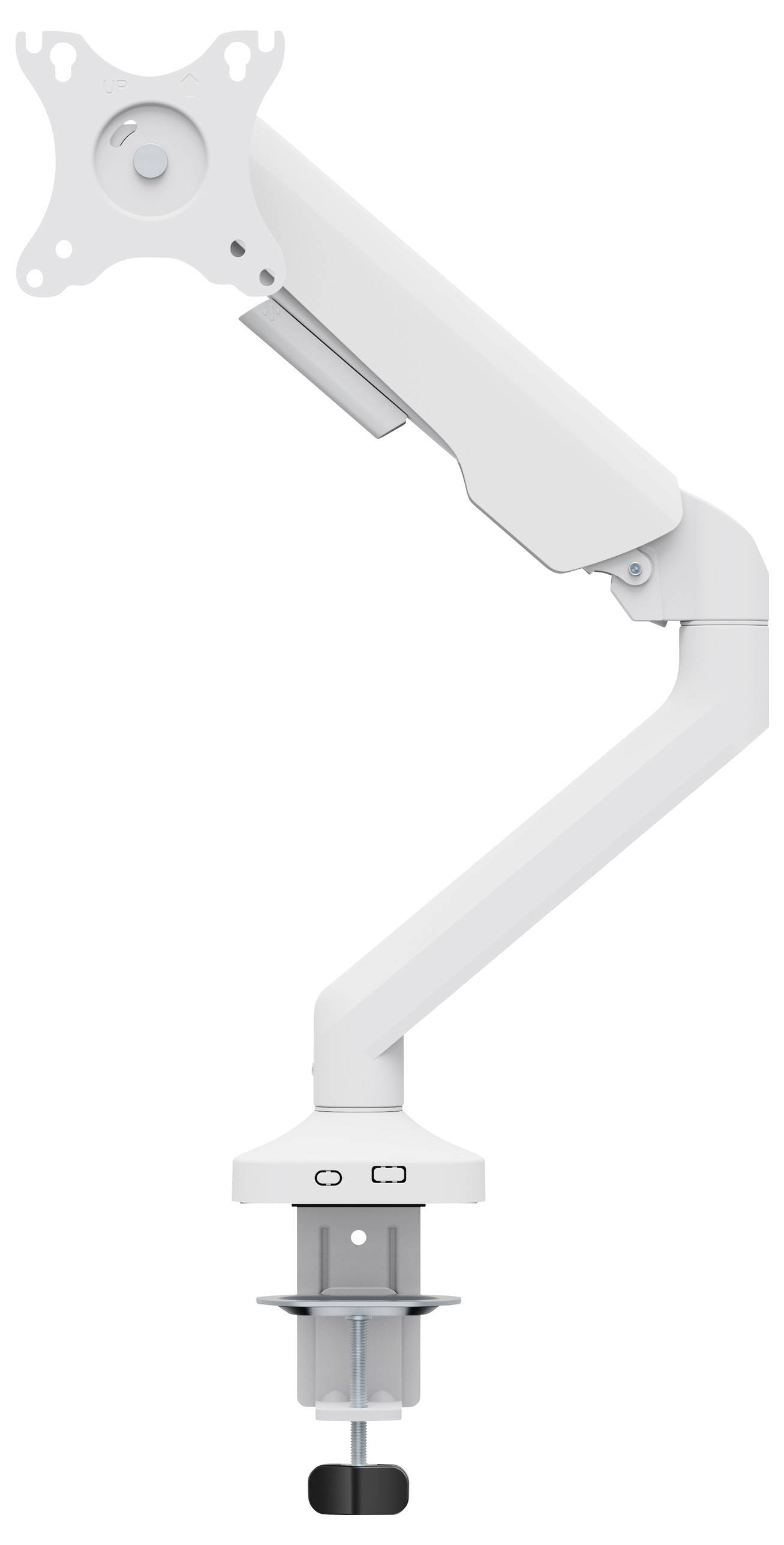 Ein weißer Monitorarm mit Gelenken und einer Klemme zur Befestigung an einem Tischrand. Ideal für flexible Bildschirmpositionierung.