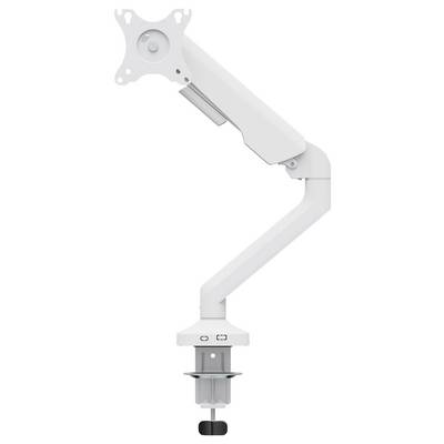 Ein weißer Monitorarm mit Gelenken und einer Klemme zur Befestigung an einem Tischrand. Ideal für flexible Bildschirmpositionierung.