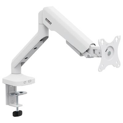 Ein weißer Monitorarm aus Metall mit einer VESA-Halterung, die an einem Tisch befestigt ist. Er ist schwenkbar und bietet Flexibilität zur Bildschirmpositionierung.