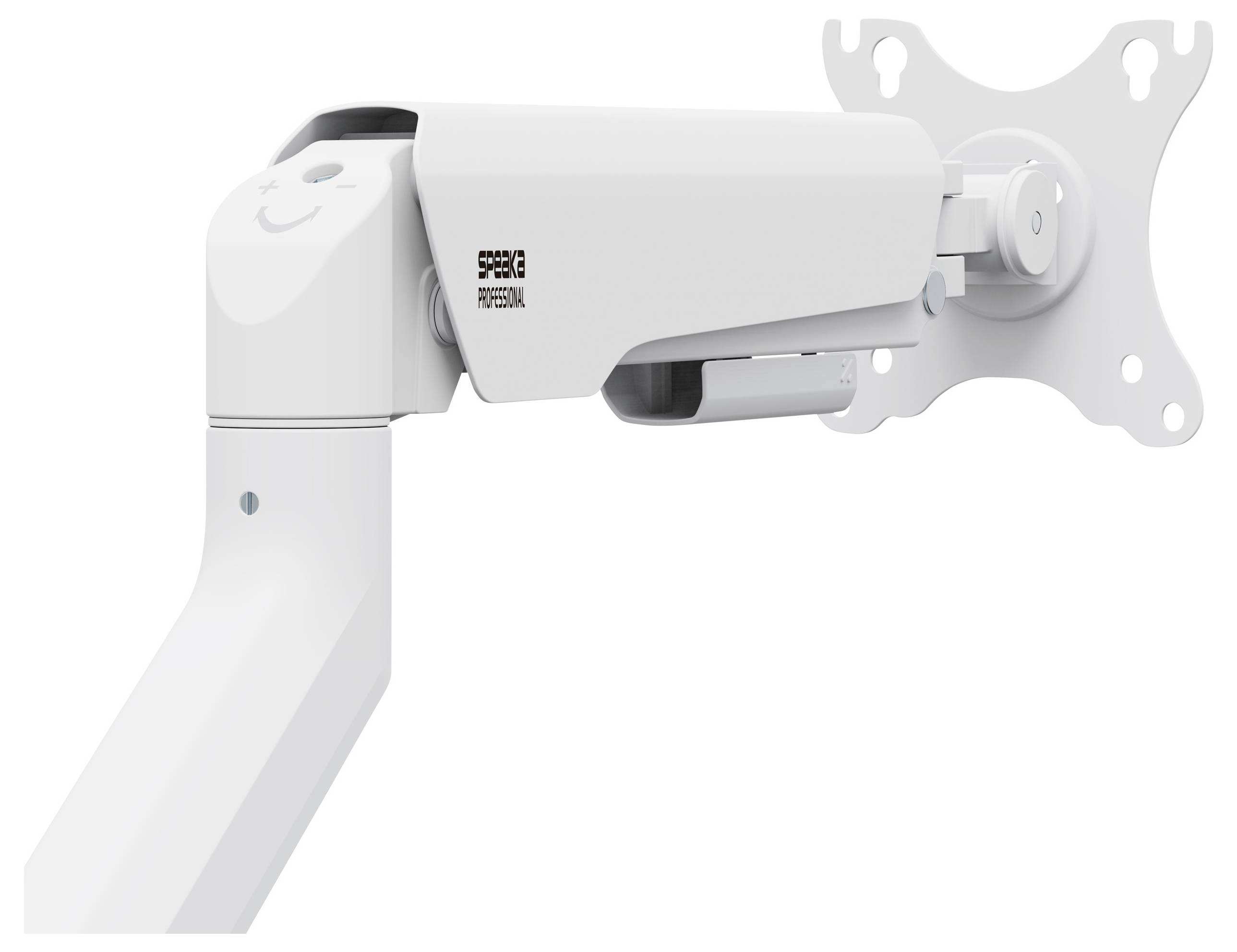 Ein weißer, verstellbarer Monitorarm mit Montagesystem, geeignet zur Befestigung an einer Wandhalterung.