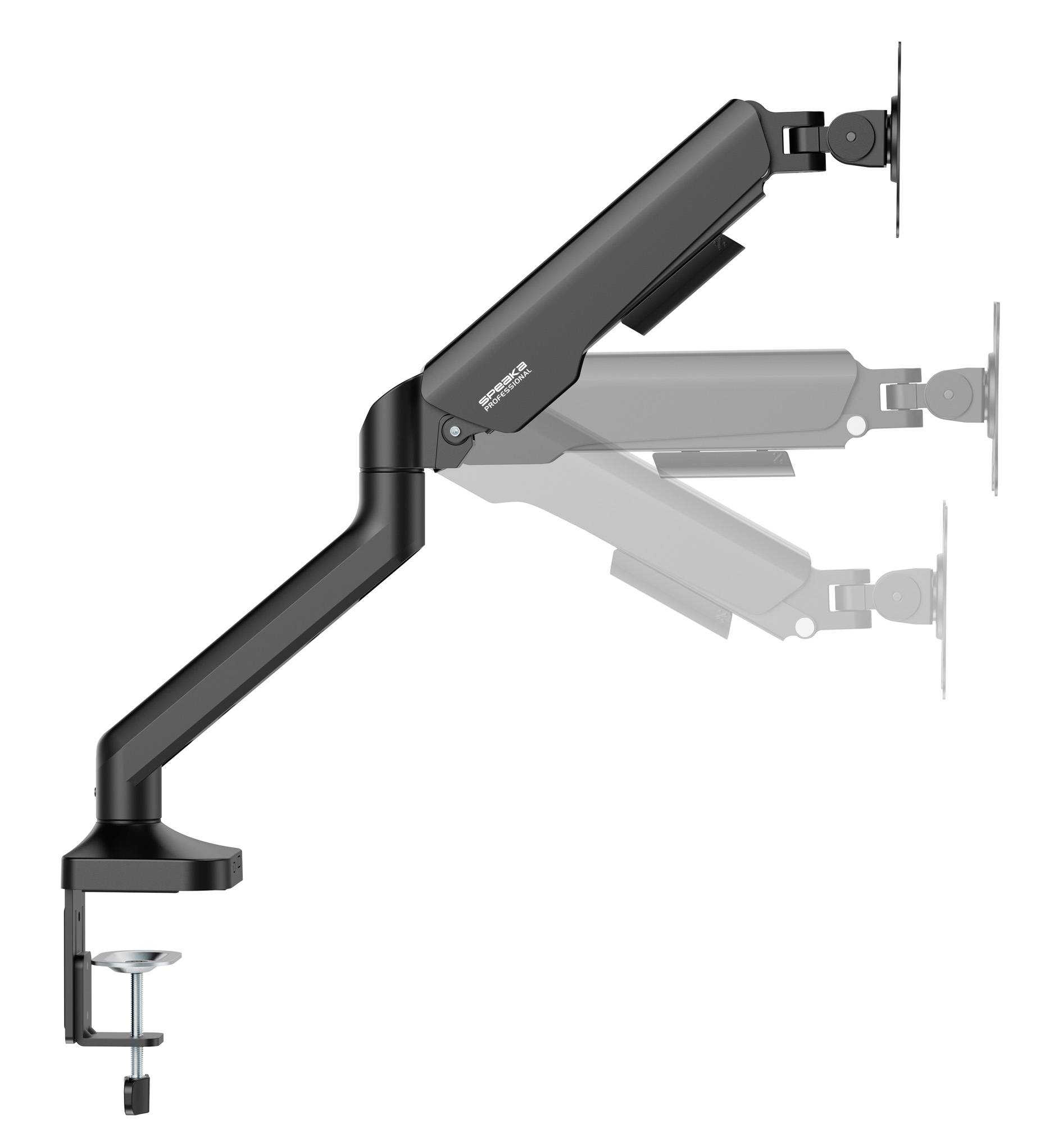 Ein schwarzer, verstellbarer Monitorarm aus Metall, der an einem Tisch montiert ist. Er ermöglicht variable Höhen- und Winkeleinstellungen.