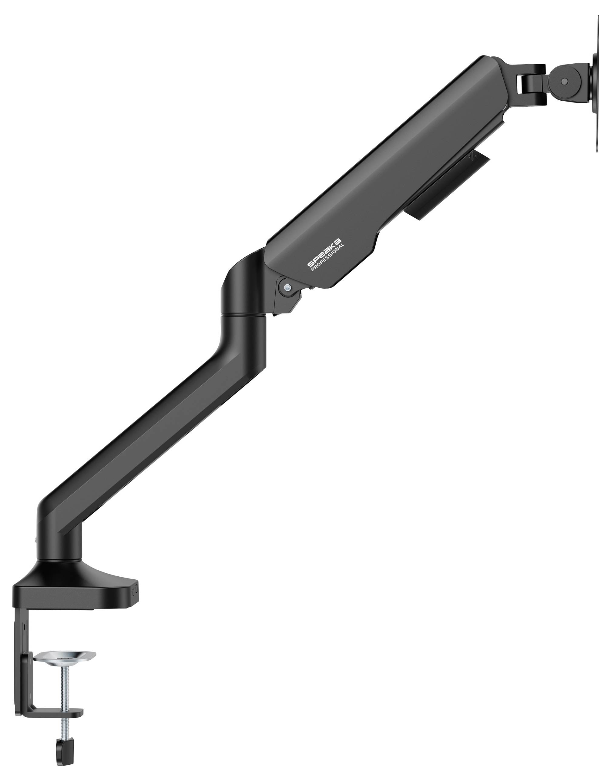 Monitorarm aus schwarzem Metall zum Befestigen an einem Schreibtisch. Der Arm ist flexibel einstellbar für verschiedene Bildschirmpositionen.