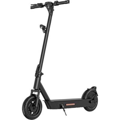 Elektroroller in Schwarz, Seitenansicht. Der Roller hat ein schlankes Design mit großem Vorderrad und einem integrierten Rücklicht.