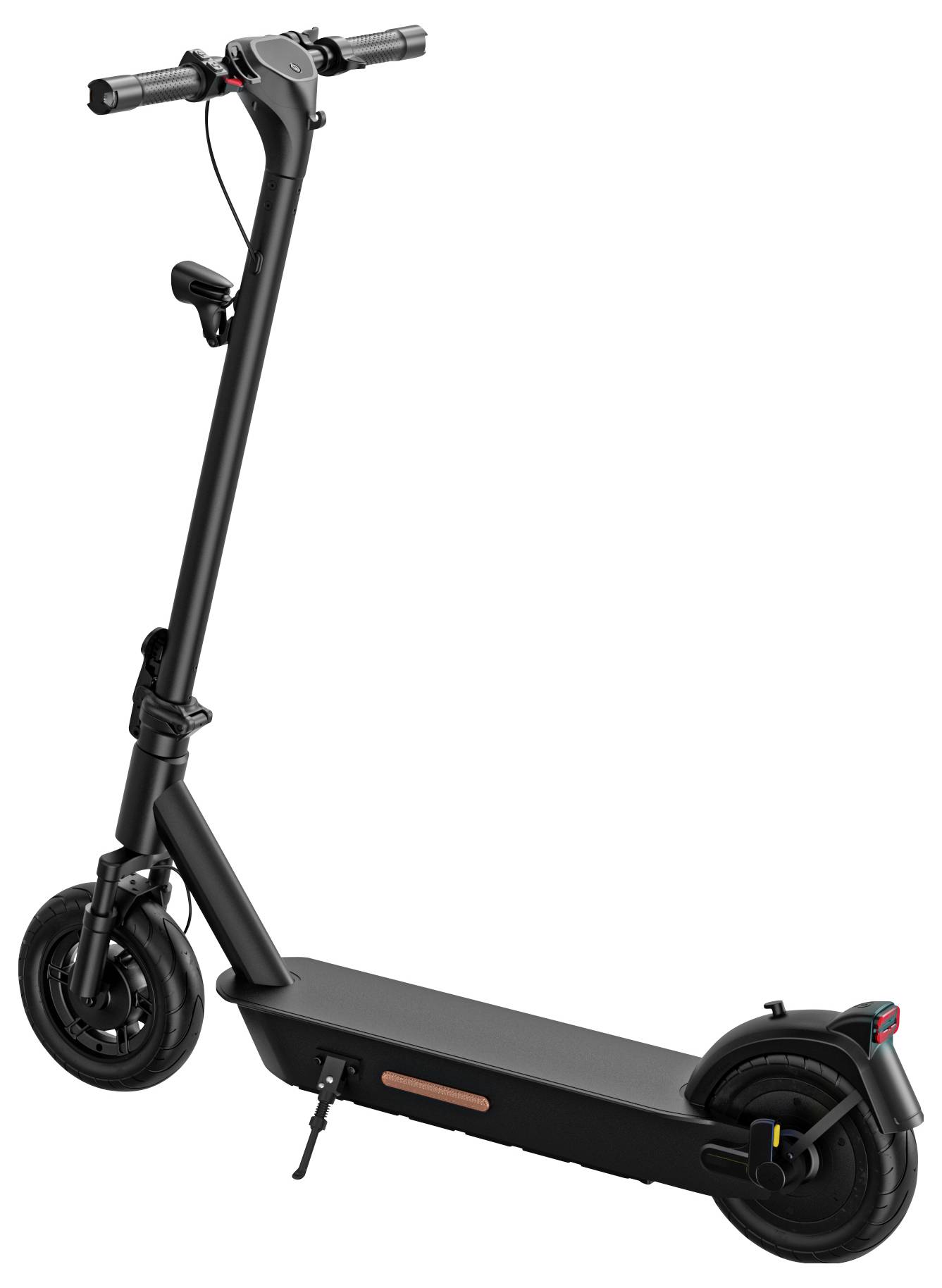 Ein schwarzer E-Scooter mit einem stabilen Rahmen, zwei Rädern und einem Handgriff. Der Roller steht auf einem weißen Hintergrund.