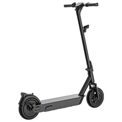Ein schwarzer Elektroroller mit schlankem Design und robusten Reifen, geeignet für urbane Mobilität und umweltfreundliche Fortbewegung.