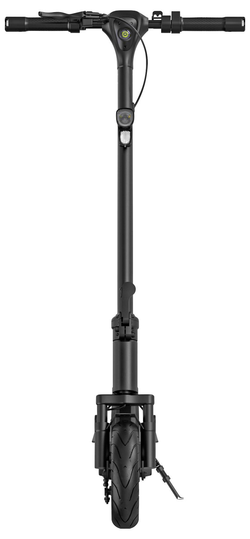 Ein schwarzer E-Scooter von vorne, aufrecht mit klappbarem Ständer und breiter Fahrfläche, geeignet für die urbane Fortbewegung.