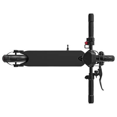 Elektroroller von oben, zeigt Lenker, Trittbrett und Räder. Schwarz, schnittiges Design, betont Einfachheit und Funktionalität.