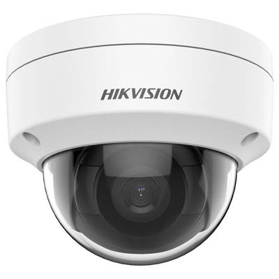 Eine weiße Überwachungskamera mit einem gewölbten Glas, Markenname 'Hikvision' sichtbar.