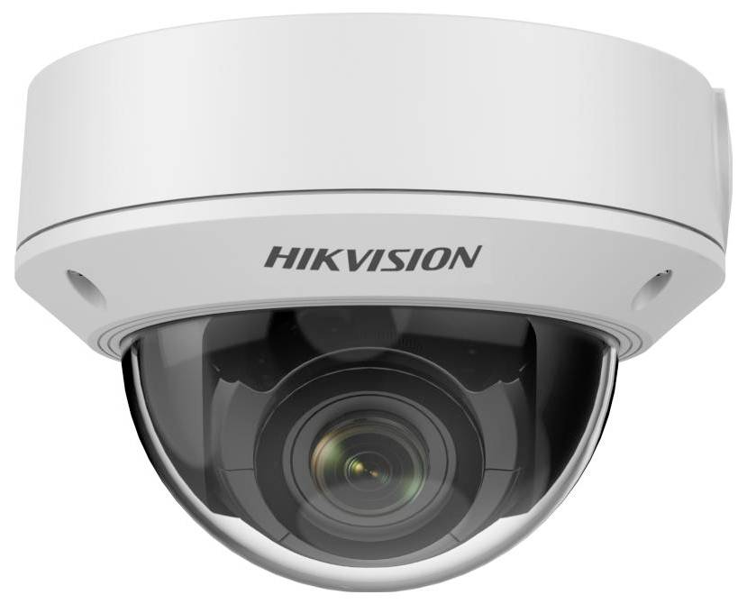 Überwachungskamera von Hikvision in weißer Kuppelform. Hauptmerkmal ist das zentrales Kameraobjektiv hinter einer klaren Abdeckung.